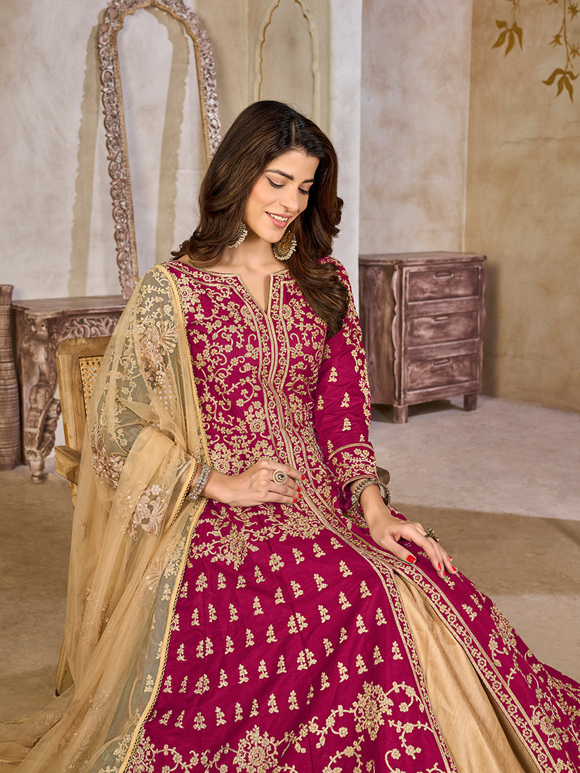 Monjolika Fashion Rani Pink Color Art Silk Embroidered Anarkali Salwar Kameez | Grocsy