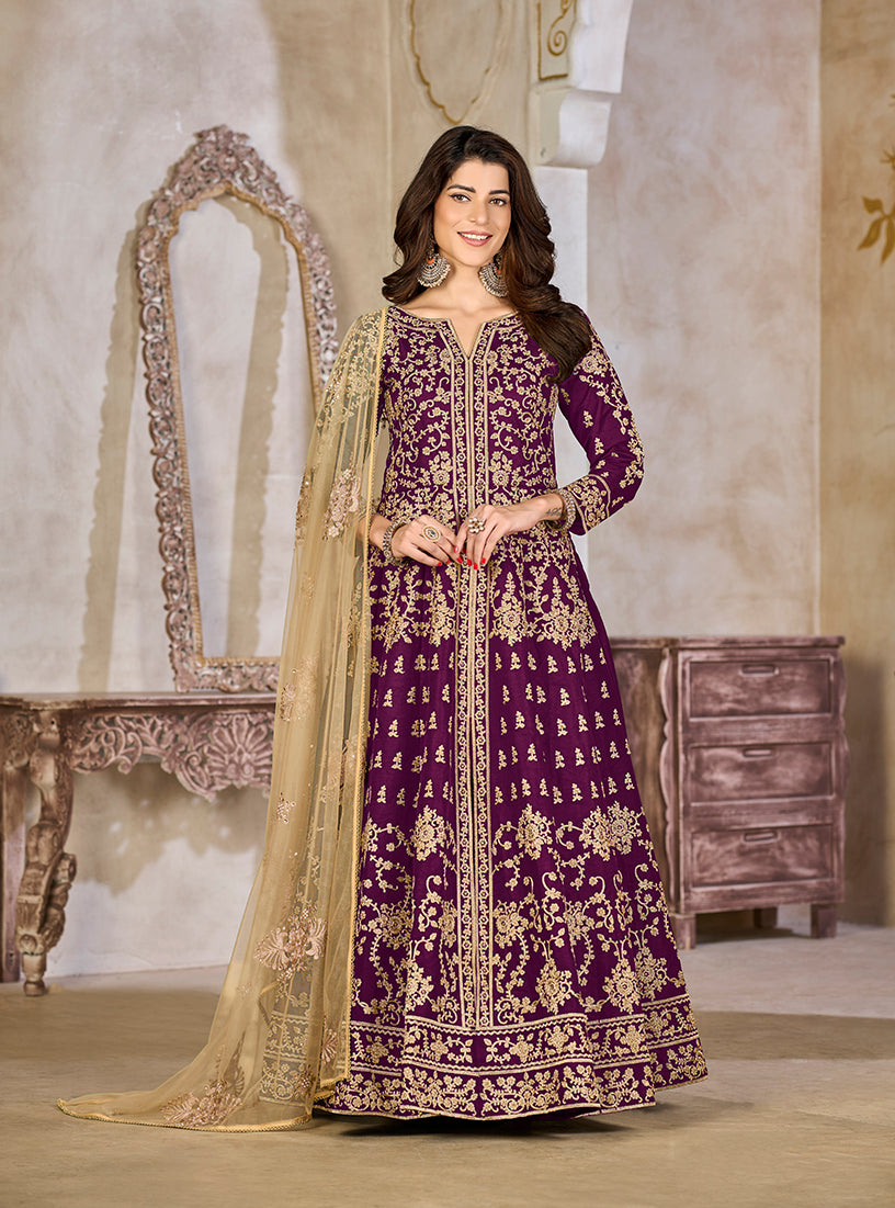 Monjolika Fashion Purple Color Art Silk Embroidered Anarkali Salwar Kameez | Grocsy