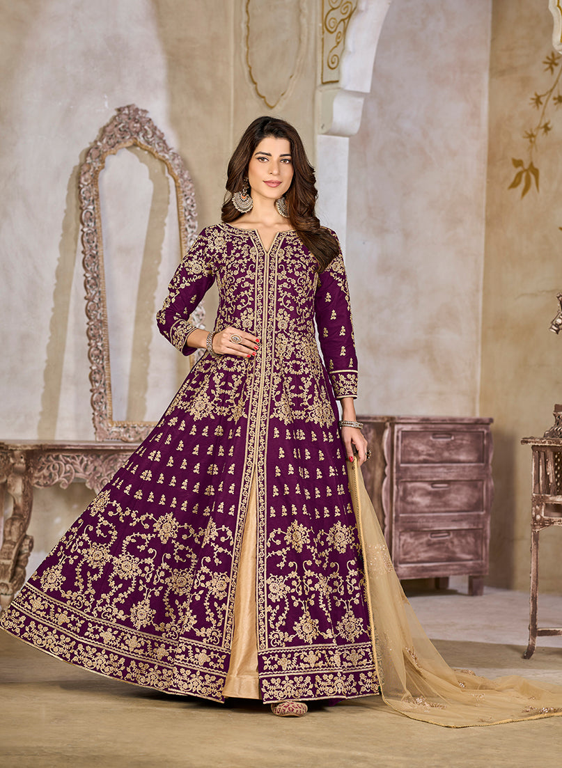 Monjolika Fashion Purple Color Art Silk Embroidered Anarkali Salwar Kameez | Grocsy