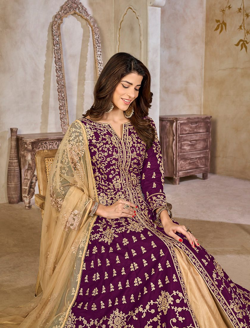 Monjolika Fashion Purple Color Art Silk Embroidered Anarkali Salwar Kameez | Grocsy