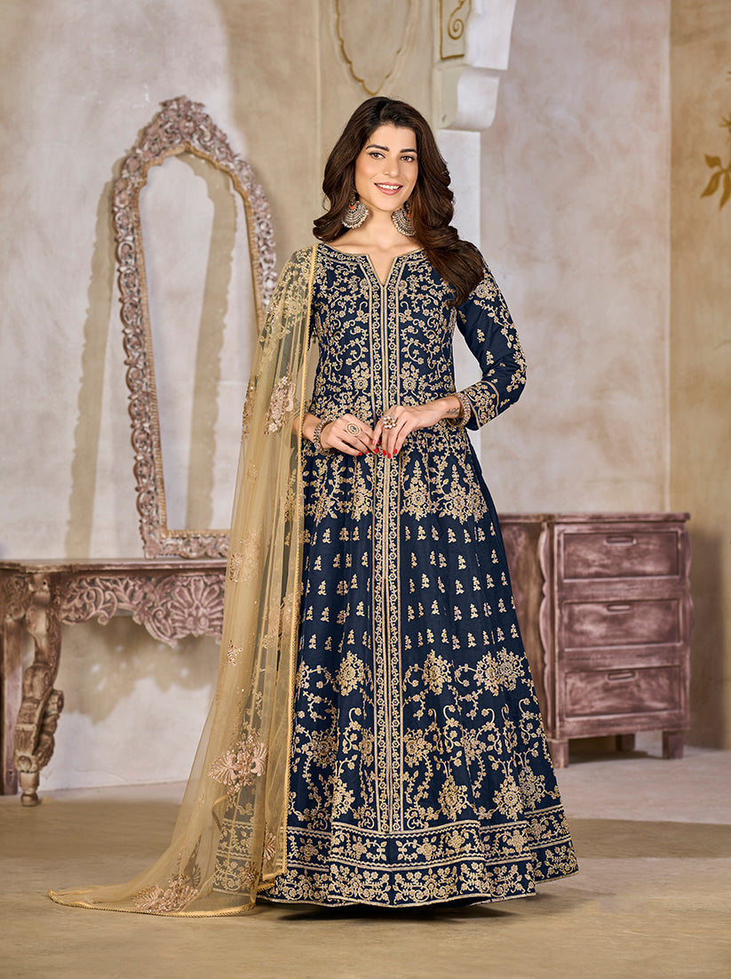 Monjolika Fashion Navy Blue Color Art Silk Embroidered Anarkali Salwar Kameez | Grocsy