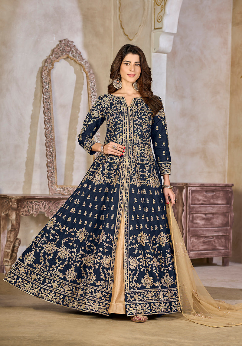Monjolika Fashion Navy Blue Color Art Silk Embroidered Anarkali Salwar Kameez | Grocsy
