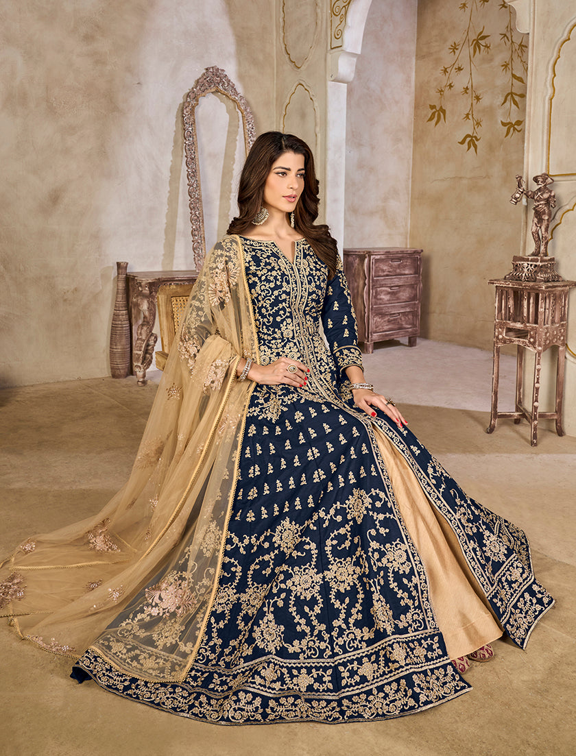 Monjolika Fashion Navy Blue Color Art Silk Embroidered Anarkali Salwar Kameez | Grocsy