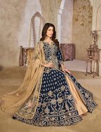 Monjolika Fashion Navy Blue Color Art Silk Embroidered Anarkali Salwar Kameez | Grocsy