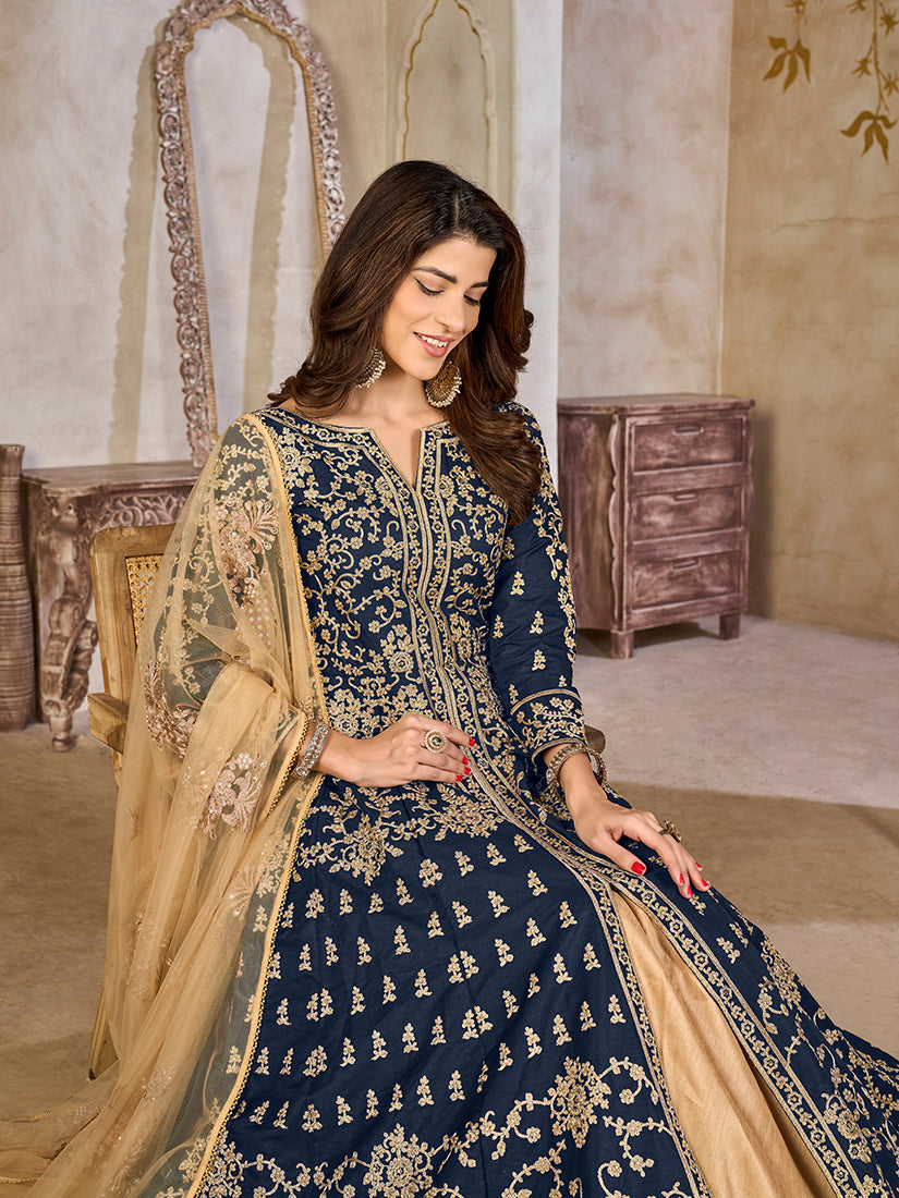 Monjolika Fashion Navy Blue Color Art Silk Embroidered Anarkali Salwar Kameez | Grocsy