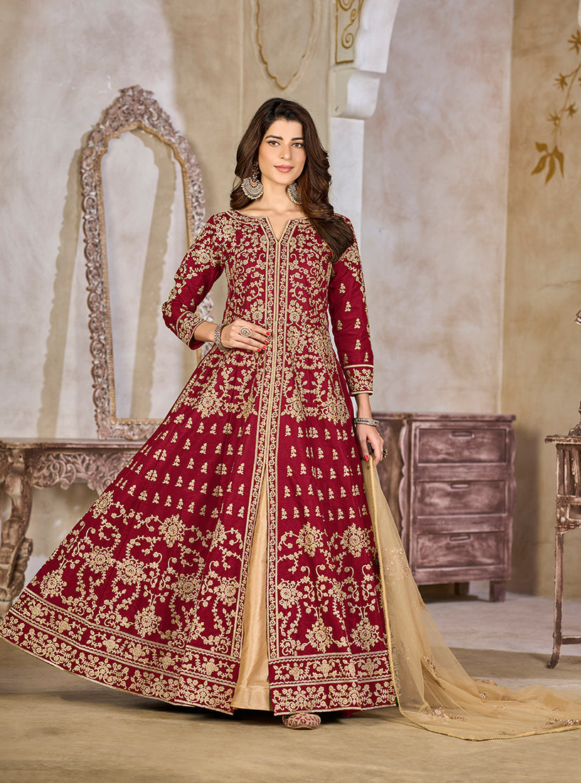 Monjolika Fashion Maroon Color Art Silk Embroidered Anarkali Salwar Kameez | Grocsy