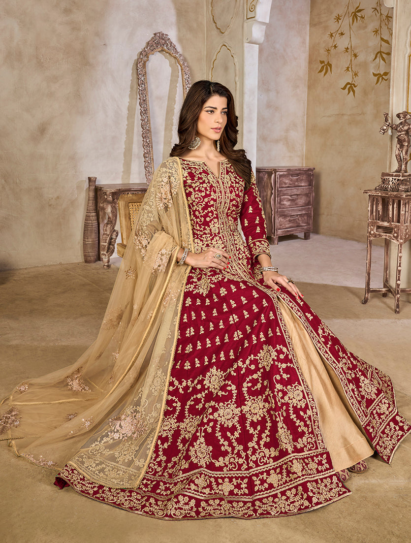 Monjolika Fashion Maroon Color Art Silk Embroidered Anarkali Salwar Kameez | Grocsy