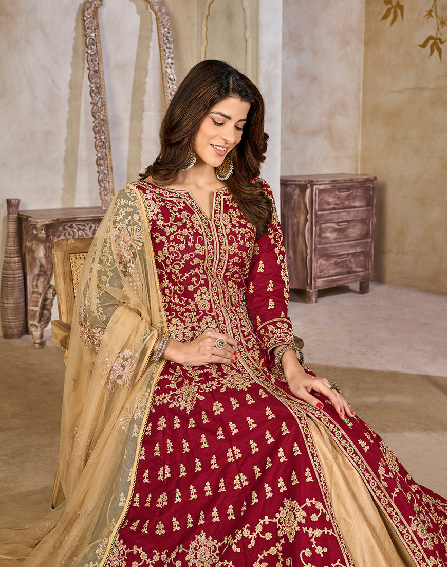 Monjolika Fashion Maroon Color Art Silk Embroidered Anarkali Salwar Kameez | Grocsy