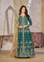 Monjolika Fashion Teal Color Art Silk Embroidered Anarkali Salwar Kameez | Grocsy