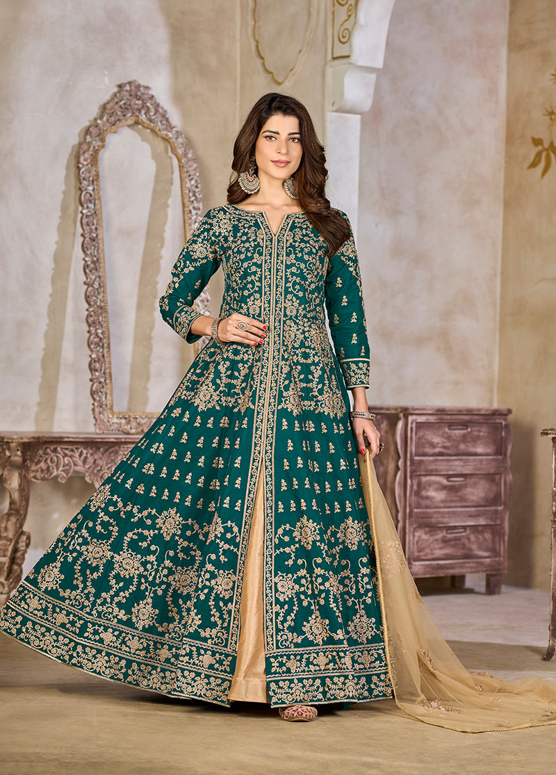 Monjolika Fashion Teal Color Art Silk Embroidered Anarkali Salwar Kameez | Grocsy