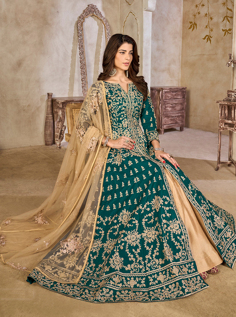 Monjolika Fashion Teal Color Art Silk Embroidered Anarkali Salwar Kameez | Grocsy