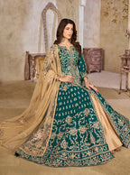 Monjolika Fashion Teal Color Art Silk Embroidered Anarkali Salwar Kameez | Grocsy