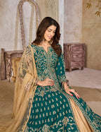 Monjolika Fashion Teal Color Art Silk Embroidered Anarkali Salwar Kameez | Grocsy
