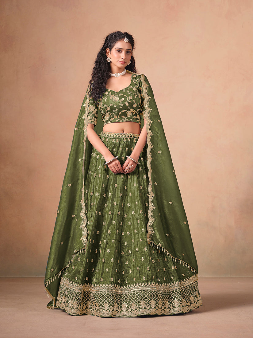 Monjolika Fashion Organza Embroidered Olive Green Designer Long Lehenga Choli | Grocsy