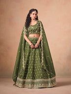 Monjolika Fashion Organza Embroidered Olive Green Designer Long Lehenga Choli | Grocsy