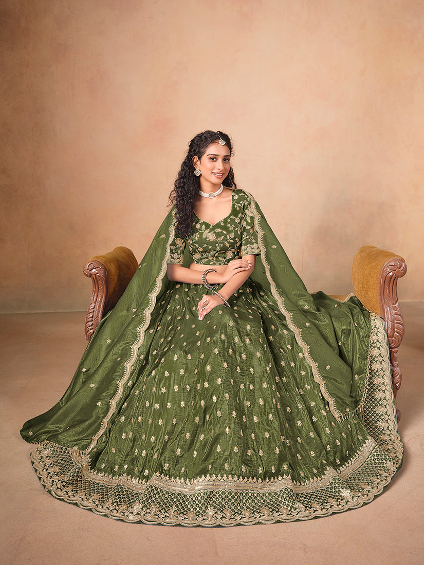 Monjolika Fashion Organza Embroidered Olive Green Designer Long Lehenga Choli | Grocsy