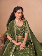 Monjolika Fashion Organza Embroidered Olive Green Designer Long Lehenga Choli | Grocsy
