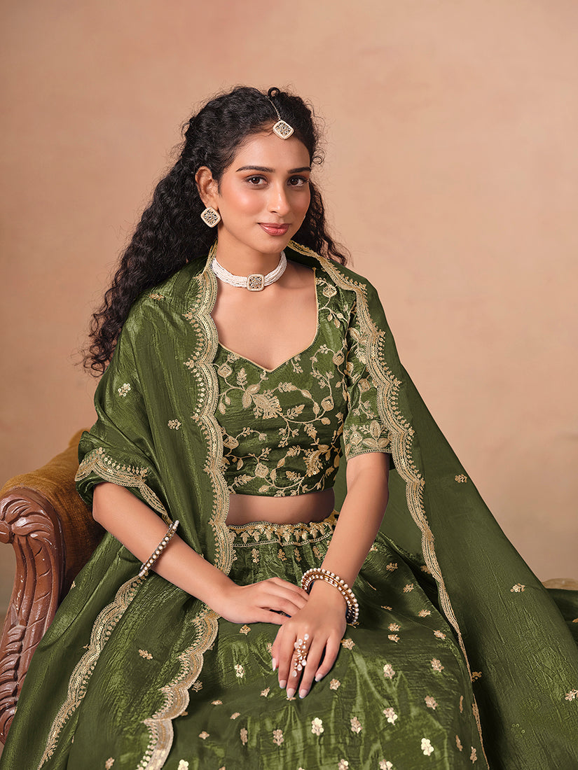 Monjolika Fashion Organza Embroidered Olive Green Designer Long Lehenga Choli | Grocsy