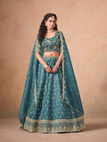 Monjolika Fashion Organza Embroidered Teal Blue Designer Long Lehenga Choli | Grocsy
