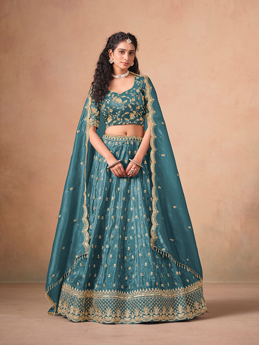 Monjolika Fashion Organza Embroidered Teal Blue Designer Long Lehenga Choli | Grocsy