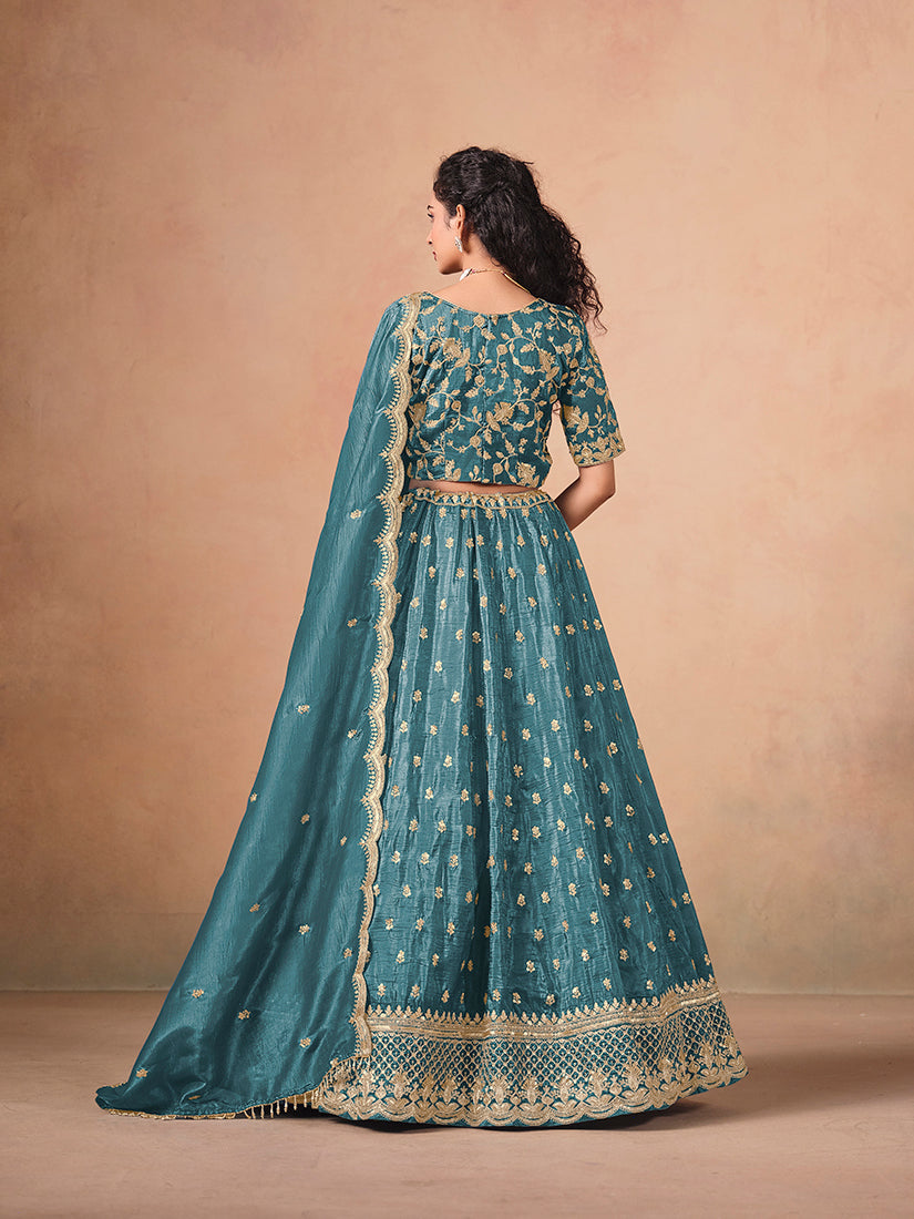 Monjolika Fashion Organza Embroidered Teal Blue Designer Long Lehenga Choli | Grocsy