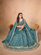 Monjolika Fashion Organza Embroidered Teal Blue Designer Long Lehenga Choli | Grocsy