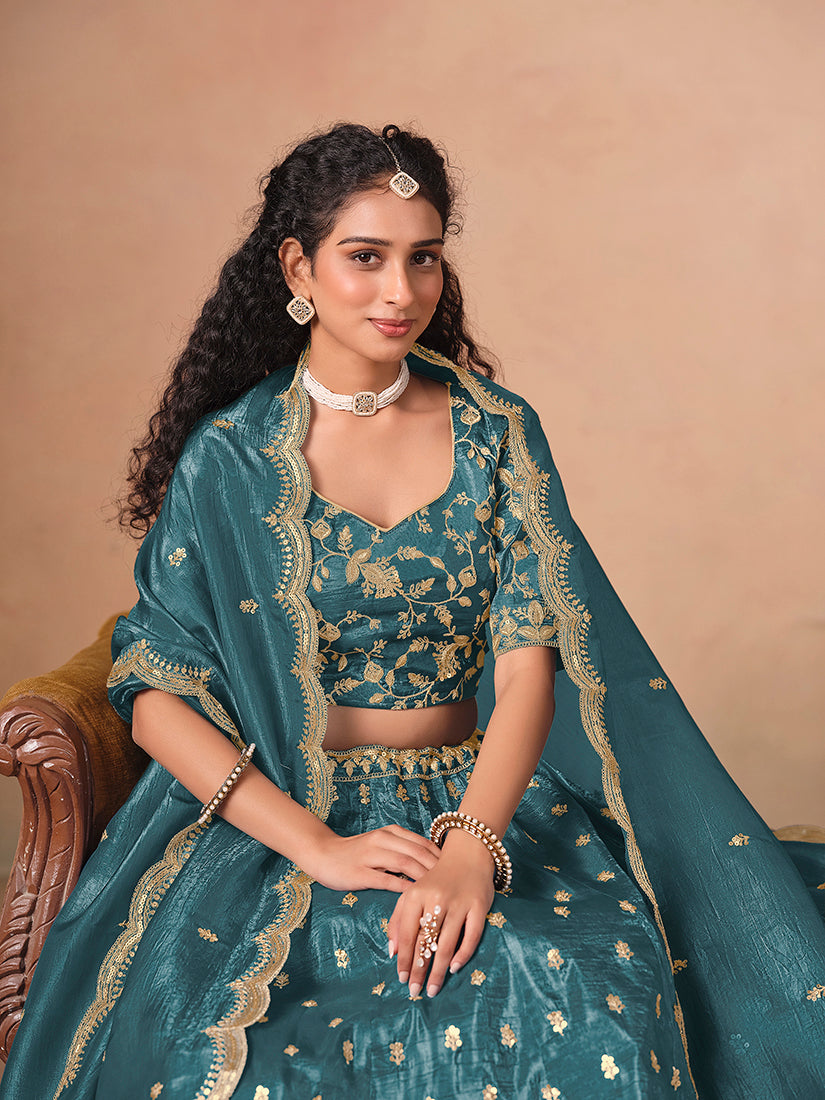 Monjolika Fashion Organza Embroidered Teal Blue Designer Long Lehenga Choli | Grocsy