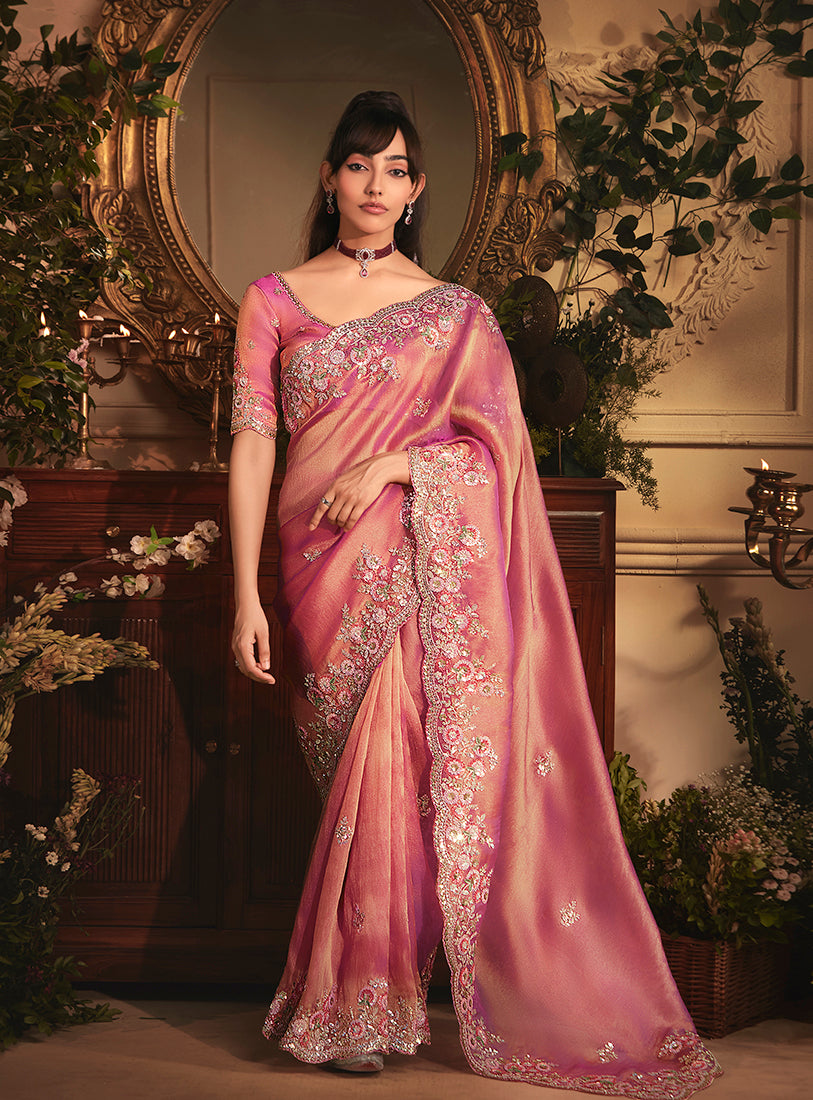Monjolika Fashion Designer Pink Tissue Organza Saree With All Over Butta Work & Heavy Stone Embellished Border | Grocsy