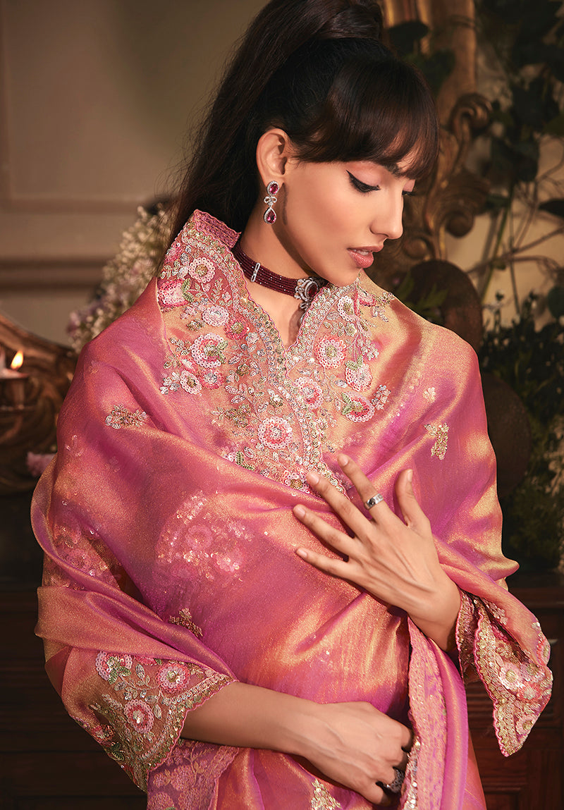 Monjolika Fashion Designer Pink Tissue Organza Saree With All Over Butta Work & Heavy Stone Embellished Border | Grocsy
