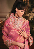 Monjolika Fashion Designer Pink Tissue Organza Saree With All Over Butta Work & Heavy Stone Embellished Border | Grocsy