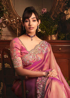 Monjolika Fashion Designer Pink Tissue Organza Saree With All Over Butta Work & Heavy Stone Embellished Border | Grocsy