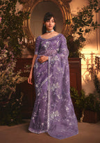 Monjolika Fashion Designer Purple Tissue Organza Saree With All Over Butta Work & Heavy Stone Embellished Border | Grocsy
