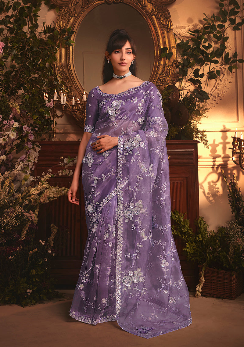 Monjolika Fashion Designer Purple Tissue Organza Saree With All Over Butta Work & Heavy Stone Embellished Border | Grocsy