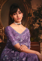 Monjolika Fashion Designer Purple Tissue Organza Saree With All Over Butta Work & Heavy Stone Embellished Border | Grocsy