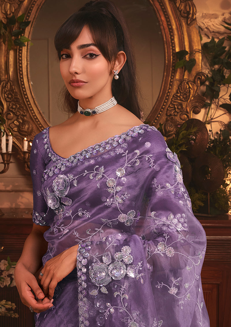 Monjolika Fashion Designer Purple Tissue Organza Saree With All Over Butta Work & Heavy Stone Embellished Border | Grocsy