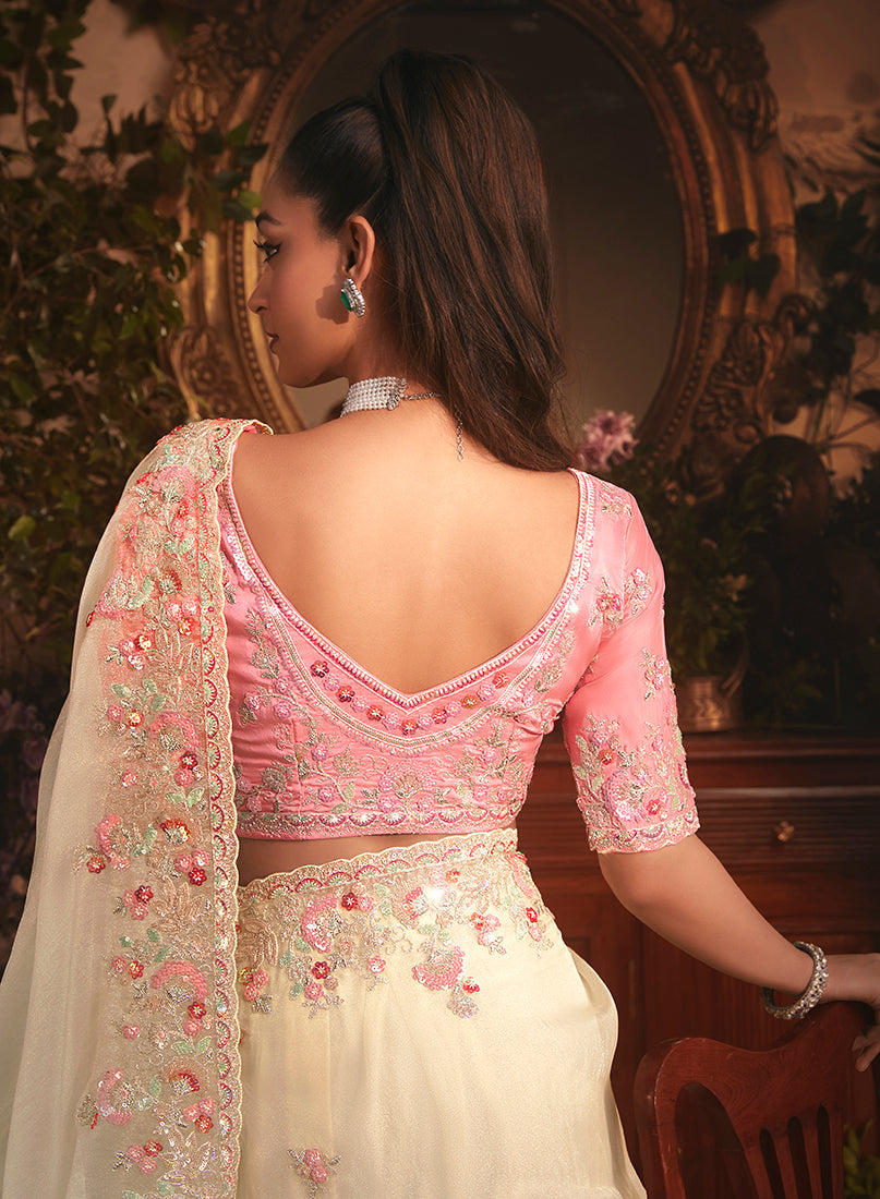 Monjolika Fashion Designer Cream Tissue Organza Saree With All Over Butta Work & Heavy Stone Embellished Border | Grocsy
