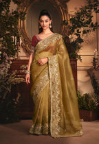 Monjolika Fashion Designer Golden Tissue Organza Saree With All Over Butta Work & Heavy Stone Embellished Border | Grocsy