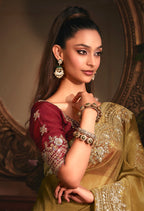 Monjolika Fashion Designer Golden Tissue Organza Saree With All Over Butta Work & Heavy Stone Embellished Border | Grocsy