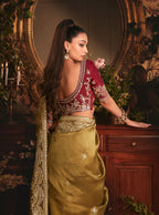 Monjolika Fashion Designer Golden Tissue Organza Saree With All Over Butta Work & Heavy Stone Embellished Border | Grocsy
