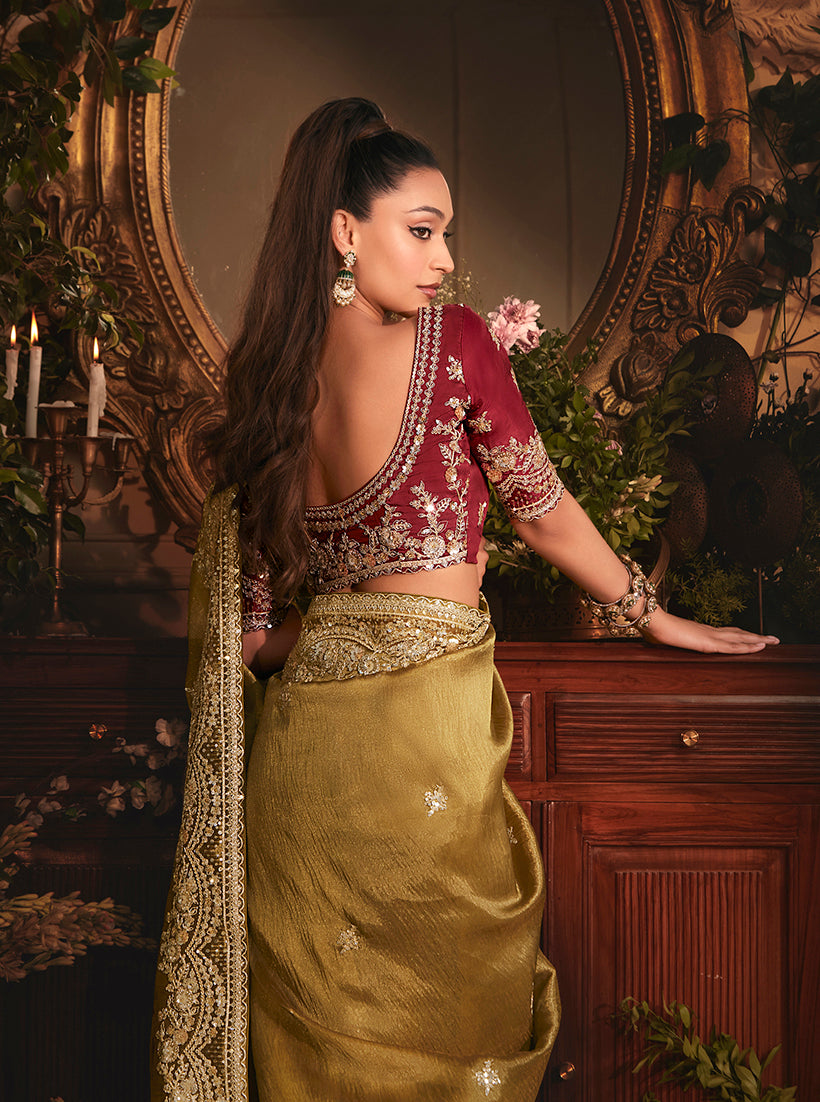 Monjolika Fashion Designer Golden Tissue Organza Saree With All Over Butta Work & Heavy Stone Embellished Border | Grocsy