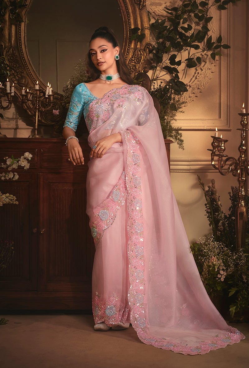 Monjolika Fashion Designer Light Pink Tissue Organza Saree With All Over Butta Work & Heavy Stone Embellished Border | Grocsy