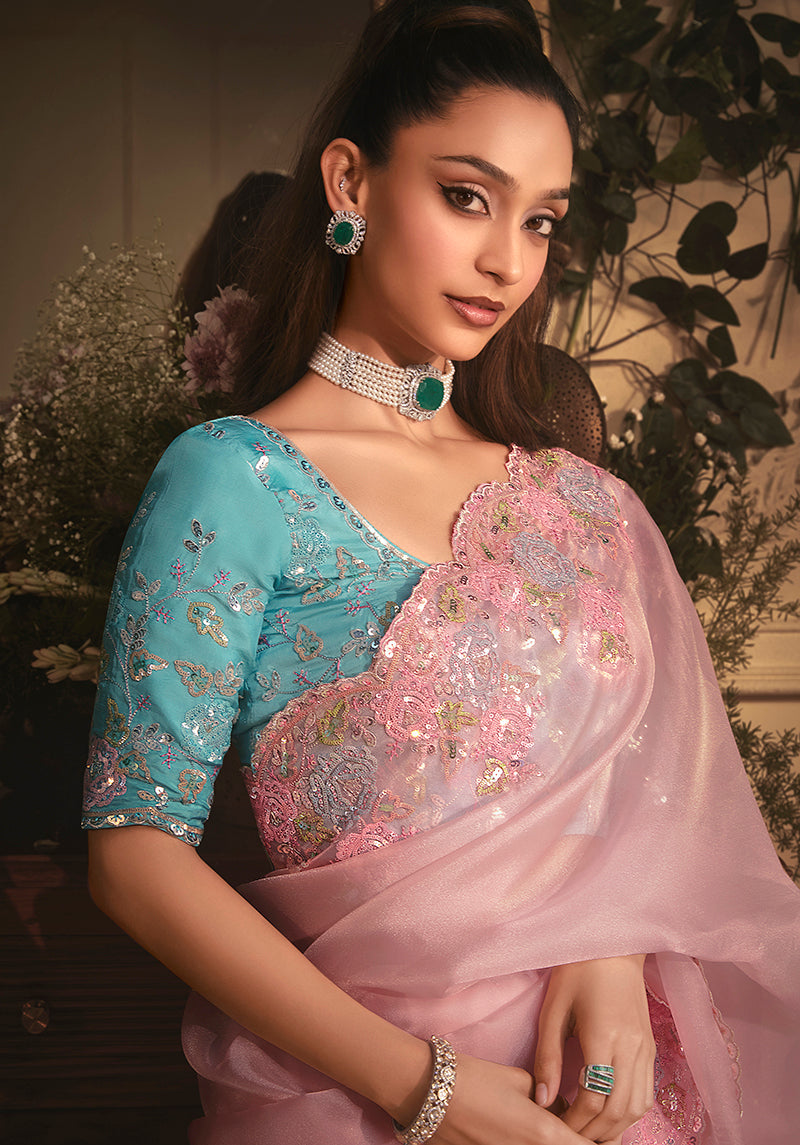 Monjolika Fashion Designer Light Pink Tissue Organza Saree With All Over Butta Work & Heavy Stone Embellished Border | Grocsy