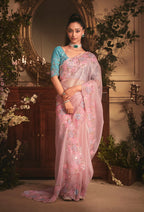 Monjolika Fashion Designer Light Pink Tissue Organza Saree With All Over Butta Work & Heavy Stone Embellished Border | Grocsy