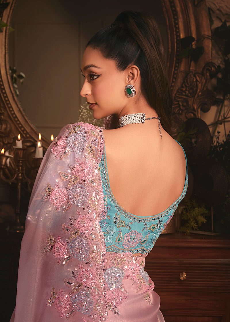Monjolika Fashion Designer Light Pink Tissue Organza Saree With All Over Butta Work & Heavy Stone Embellished Border | Grocsy