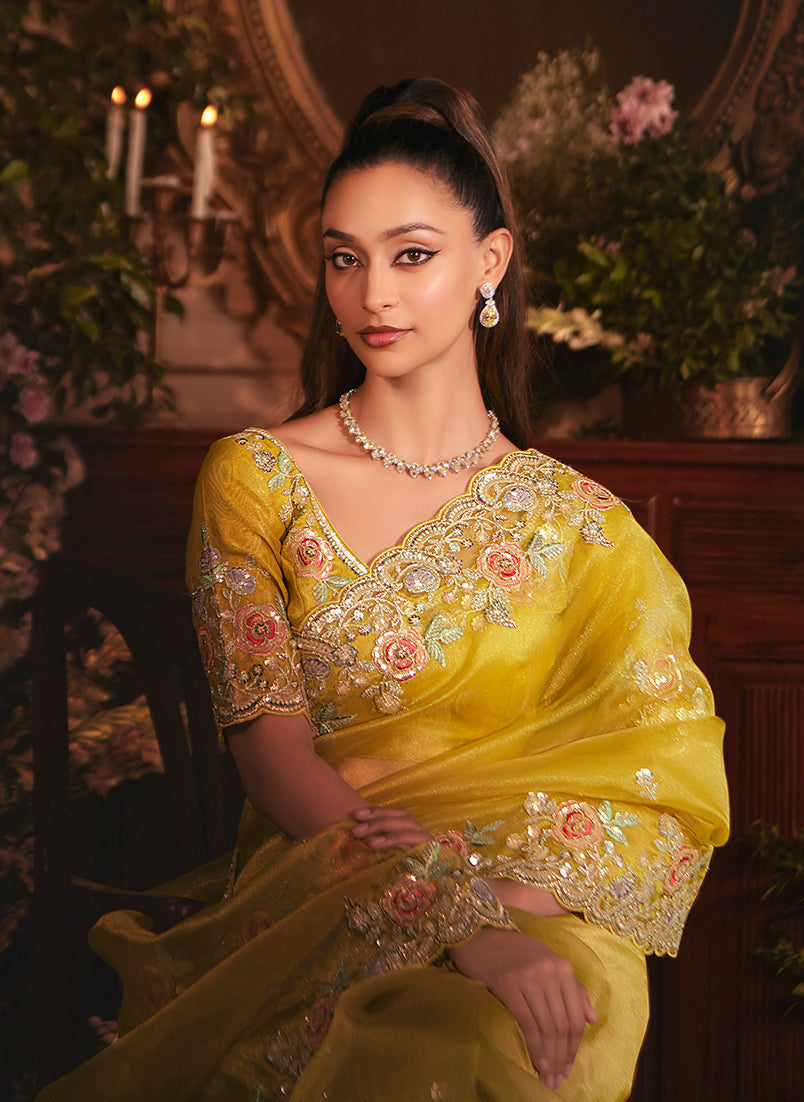 Monjolika Fashion Designer Mustard Tissue Organza Saree With All Over Butta Work & Heavy Stone Embellished Border | Grocsy