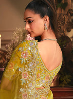 Monjolika Fashion Designer Mustard Tissue Organza Saree With All Over Butta Work & Heavy Stone Embellished Border | Grocsy