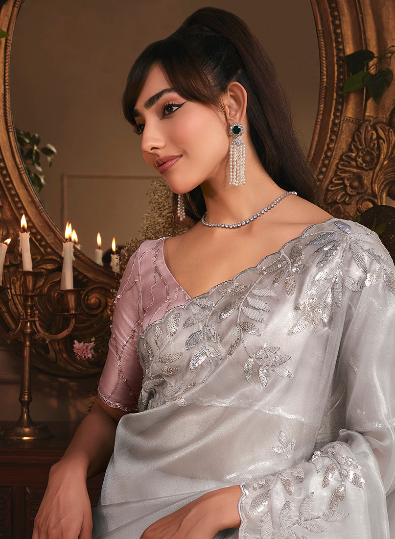 Monjolika Fashion Designer Light Grey Tissue Organza Saree With All Over Butta Work & Heavy Stone Embellished Border | Grocsy