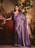 Monjolika Fashion Designer Purple Tissue Organza Saree With All Over Butta Work & Heavy Stone Embellished Border | Grocsy