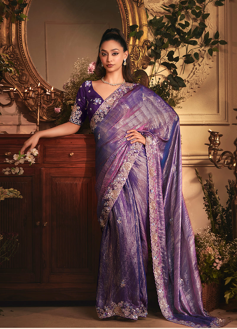 Monjolika Fashion Designer Purple Tissue Organza Saree With All Over Butta Work & Heavy Stone Embellished Border | Grocsy