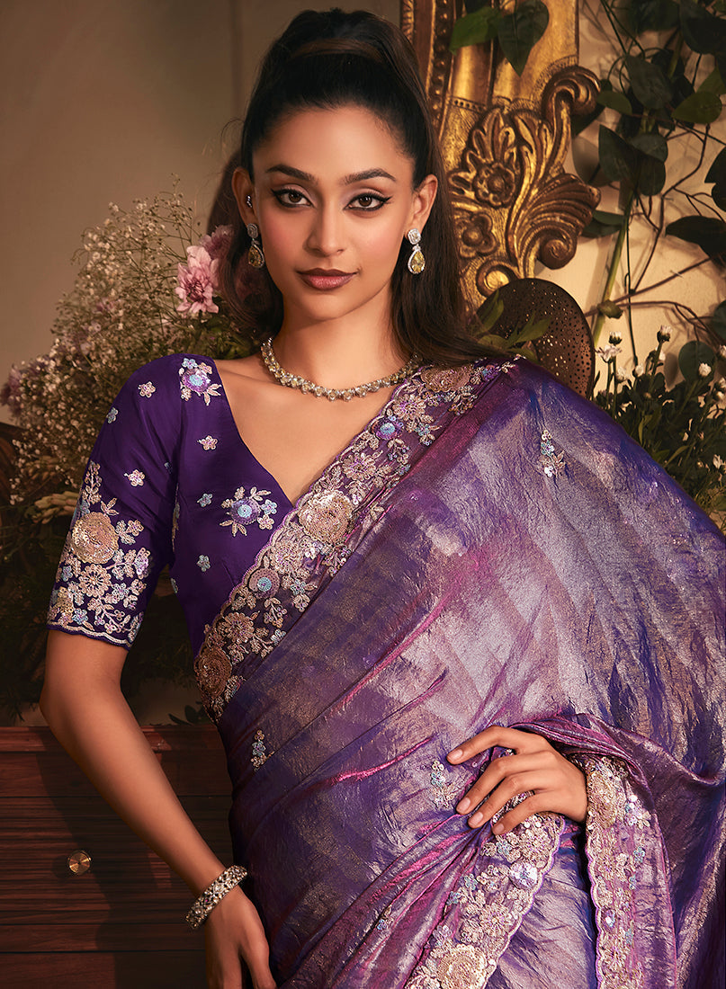 Monjolika Fashion Designer Purple Tissue Organza Saree With All Over Butta Work & Heavy Stone Embellished Border | Grocsy